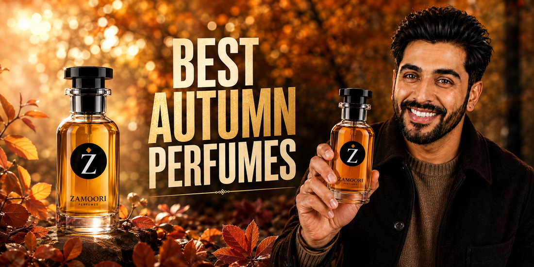 Young man holding a perfume bottle in autumn