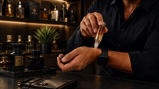business man applying designer perfume on wrist