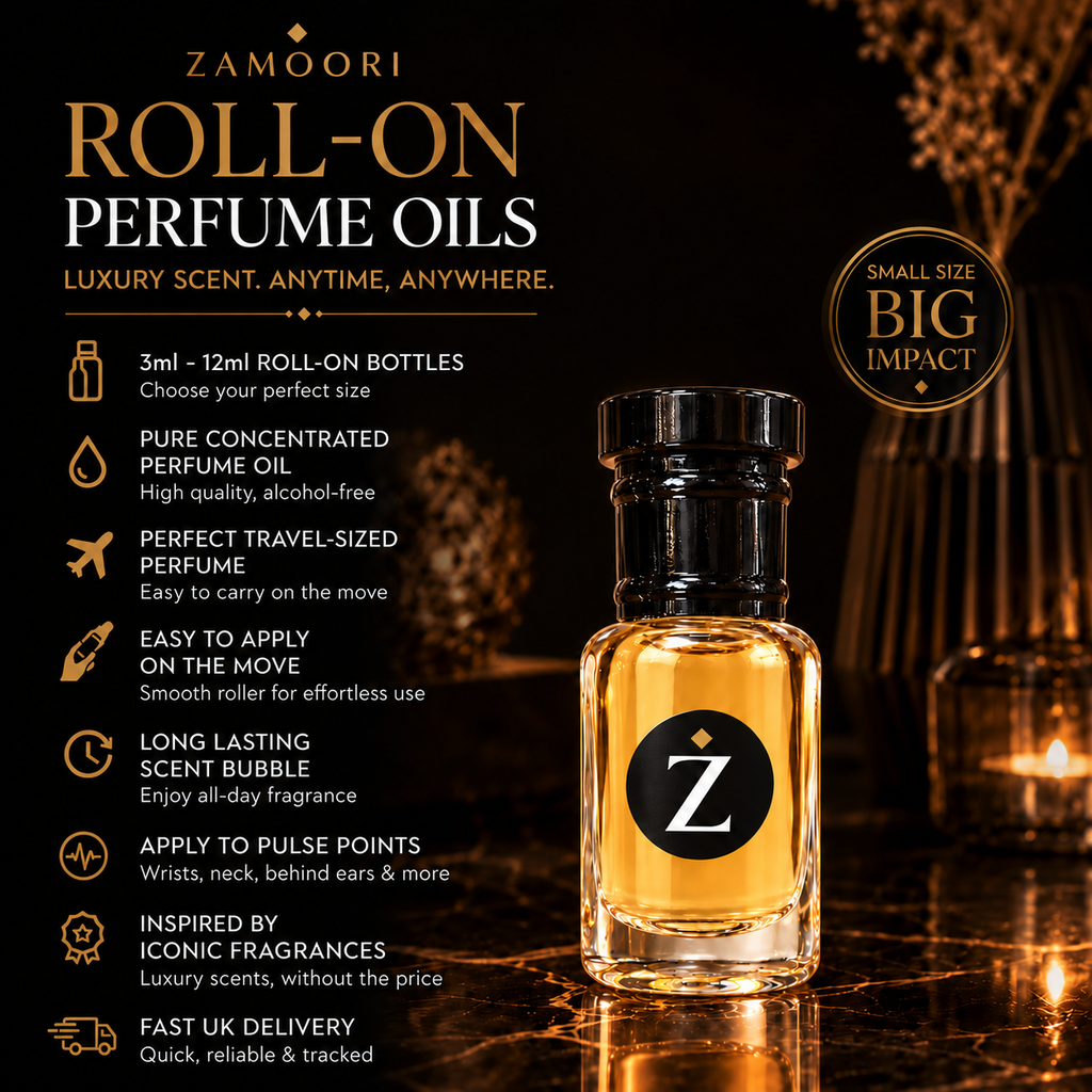 Zamoori roll-on perfume oil infographic
